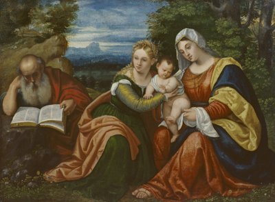 Maagd en Kind met St. Catharina en St. Hiëronymus in een Landschap door Polidoro da Lanciano